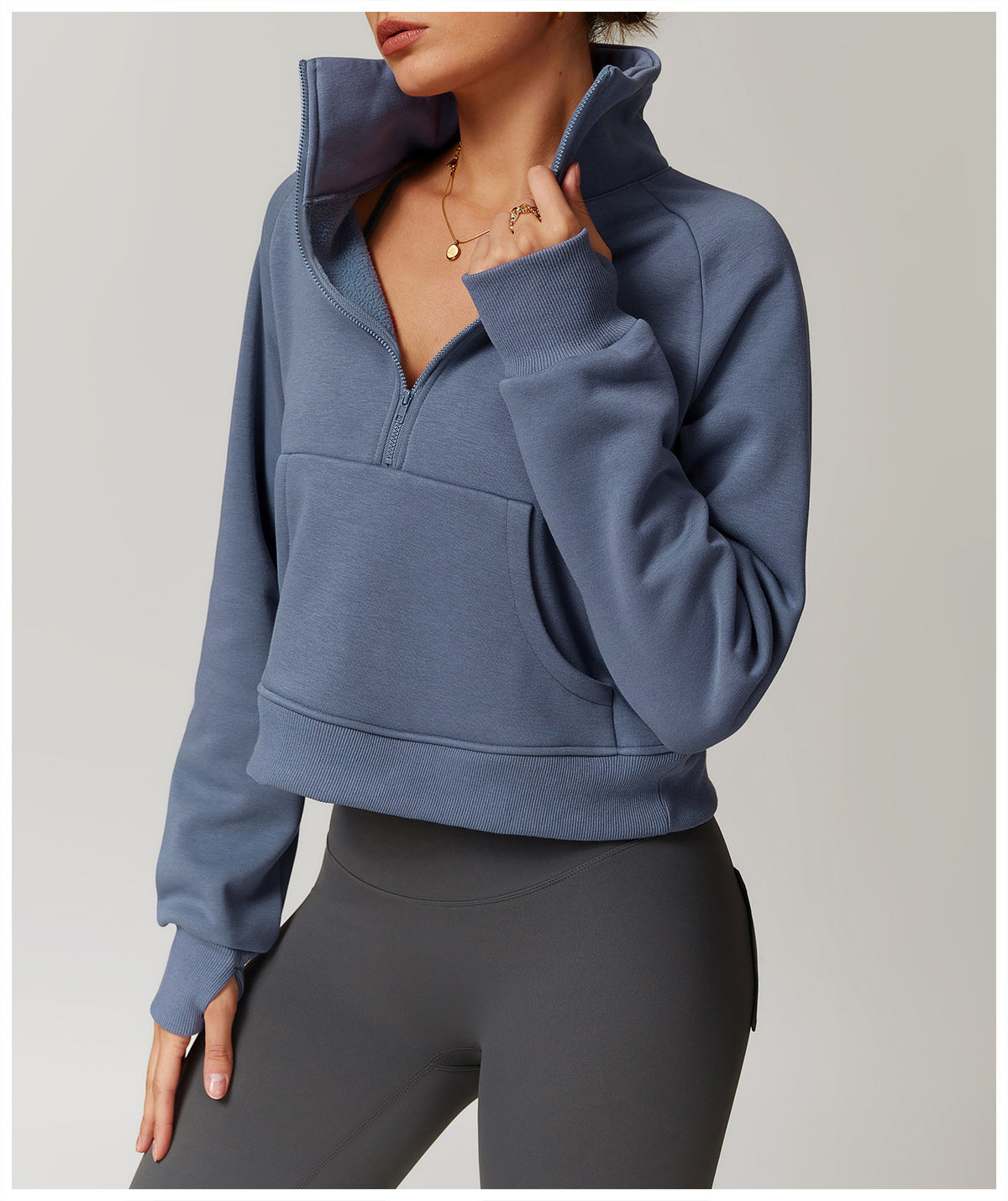Blue-gray half-zip cropped sweatshirt with high collar in Langry fashion style