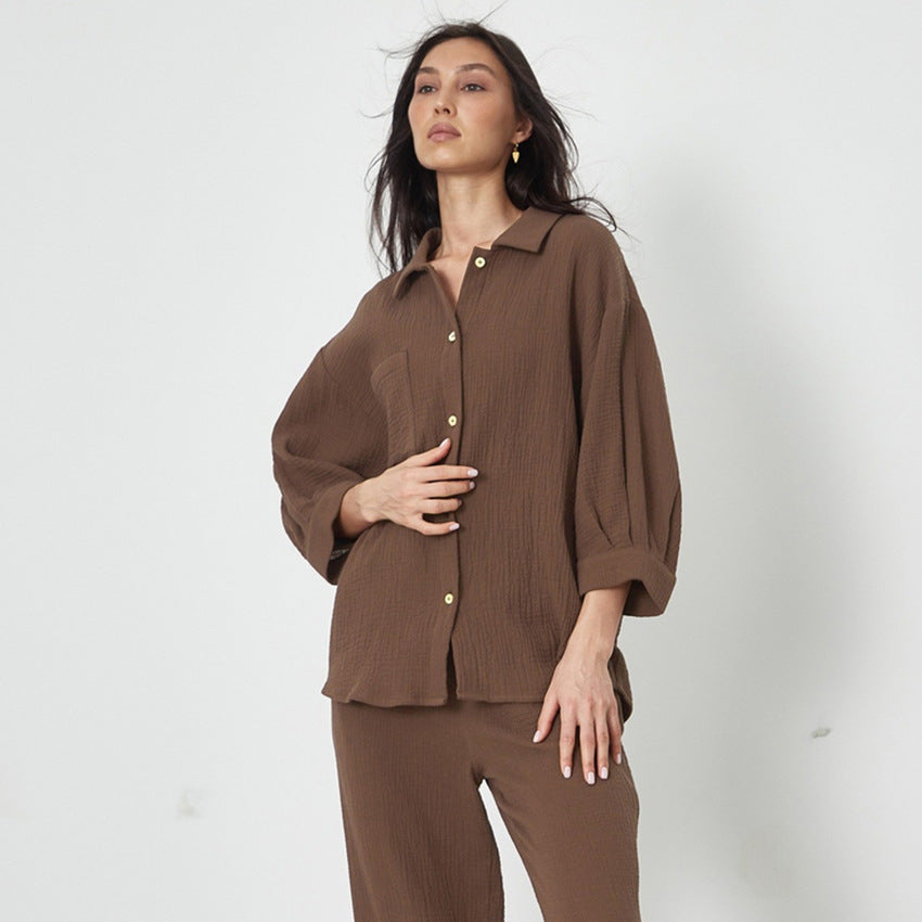 Brown textured pajama set from Comfortable Skin Friendly Winter Pajamas, perfect for cozy langry fashionดู