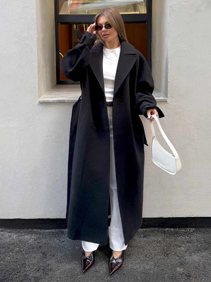 Black langry fashion winter lace-up baggy woolen coat with belt and wide lapels