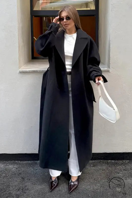 Black langry fashion woolen coat with belted waist and wide lapels