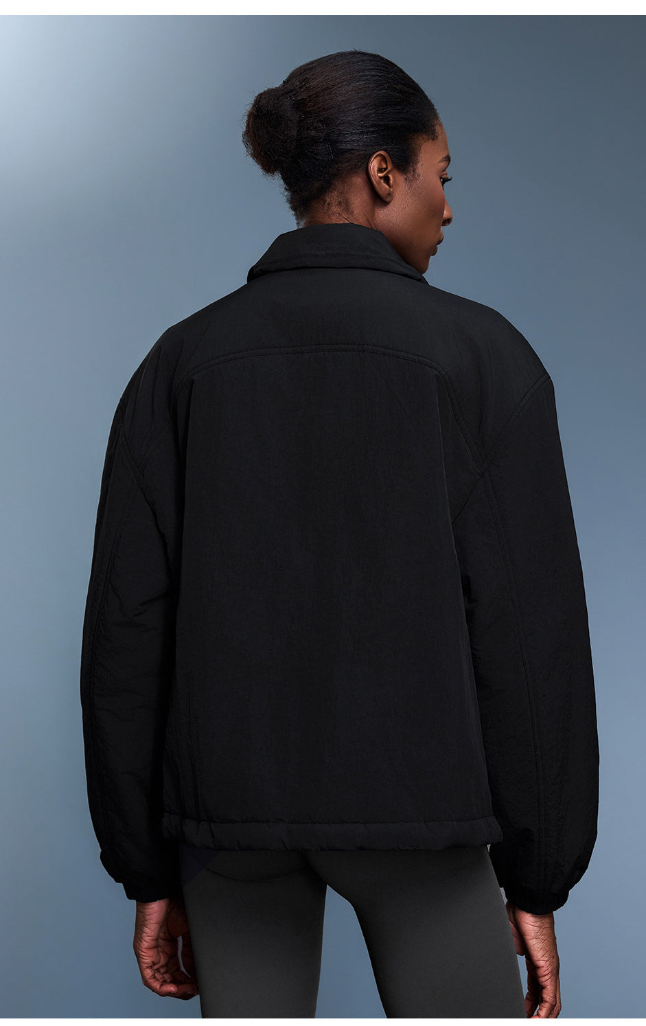 Langry black bomber jacket with high collar, elastic cuffs, cotton padded waterproof coat