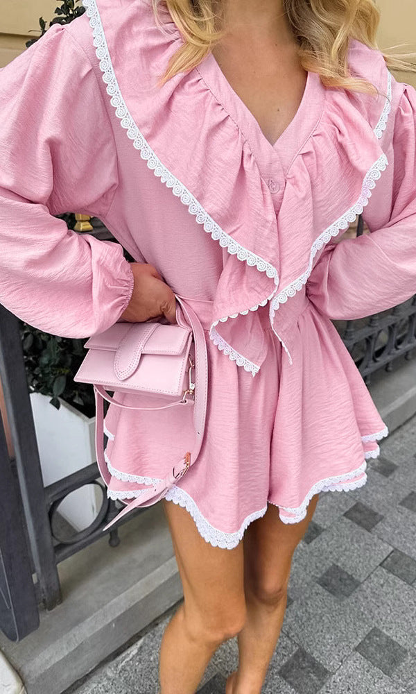 Pink ruffled romper with long sleeves from French Loose Shirt Shorts Two Piece Sets
