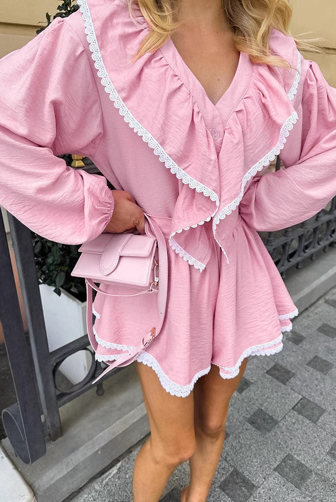 Pink ruffled romper with long sleeves from French Loose Shirt Shorts Two Piece Sets