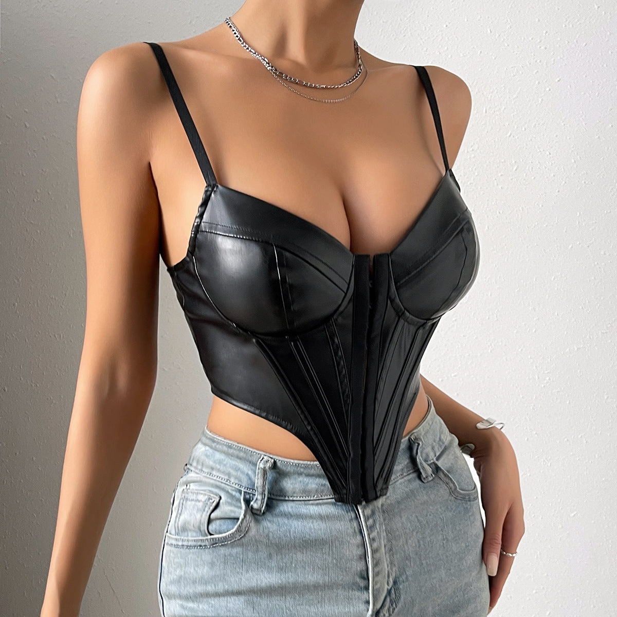 Black faux leather corset top from Women Solid Color Low Cut Sling Outer Wear