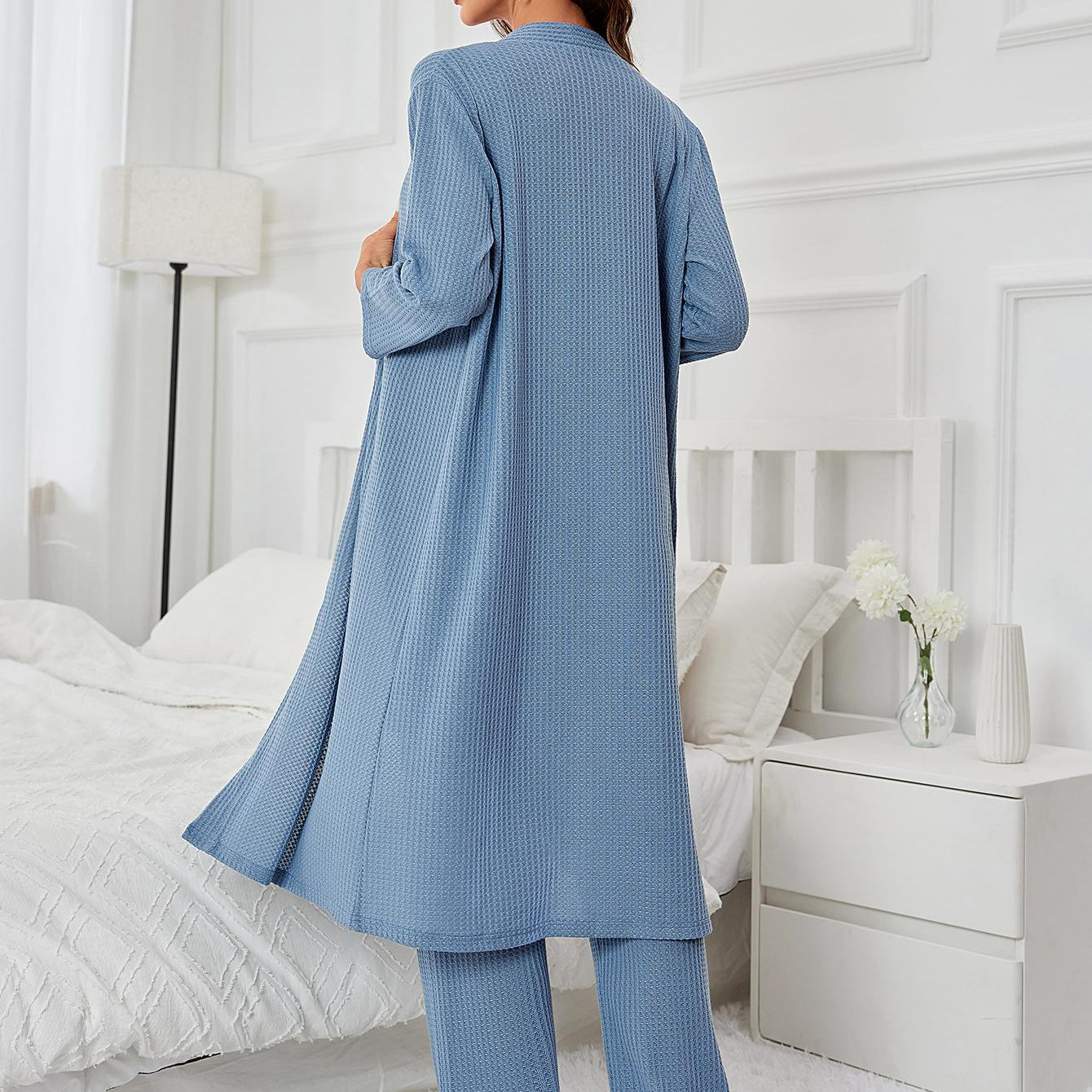 Blue textured lounge set for women showcasing stylish langry fashion and comfortable ملابس
