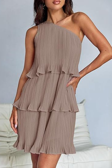 Taupe stunning shoulder layered stitching hem pleated sleeveless dress displayed in Langry collection