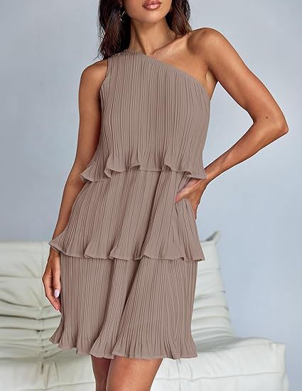 Taupe stunning shoulder layered stitching hem pleated sleeveless dress displayed in Langry collection