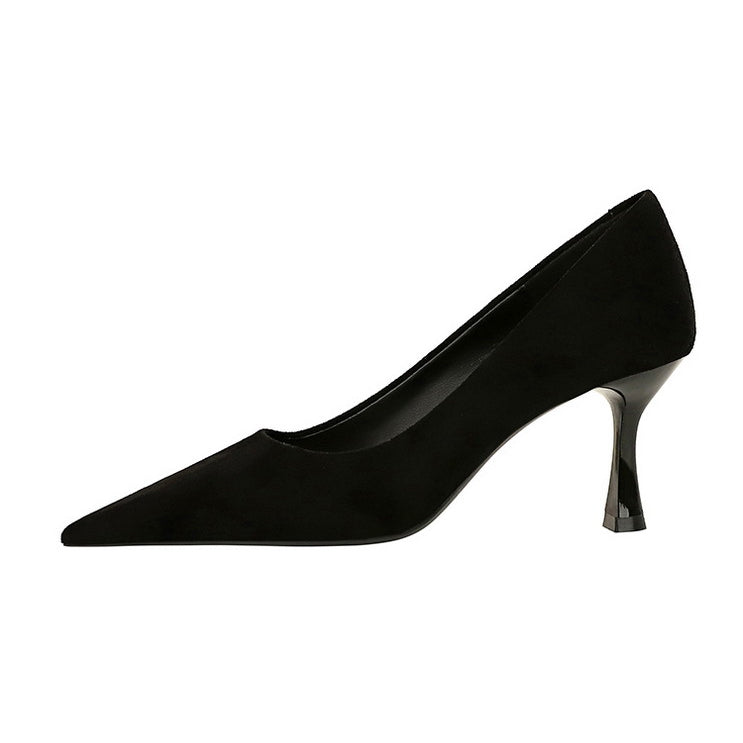 Langry fashion black suede kitten heel pump with silver toe cap