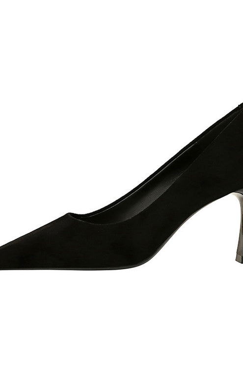 Langry fashion black suede kitten heel pump with silver toe cap
