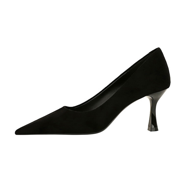 Langry fashion black suede kitten heel pump with silver toe cap