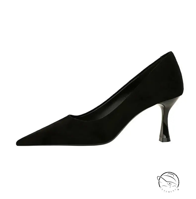 Langry fashion black suede kitten heel pump with silver toe cap