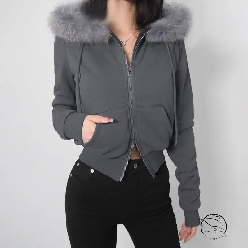 Retro loose fur warm coat in gray hooded zip-up langry fashion style