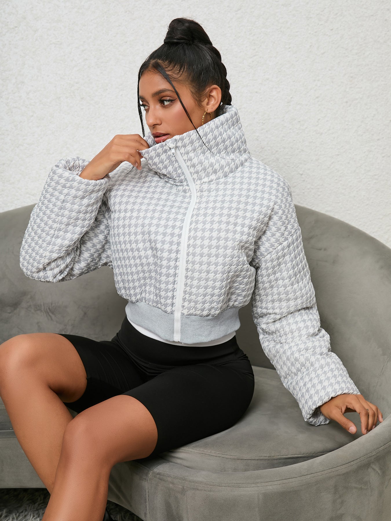 Houndstooth puffer jacket from Cozy Cotton Padded Jacket, stylish fashion ملابس for winter
