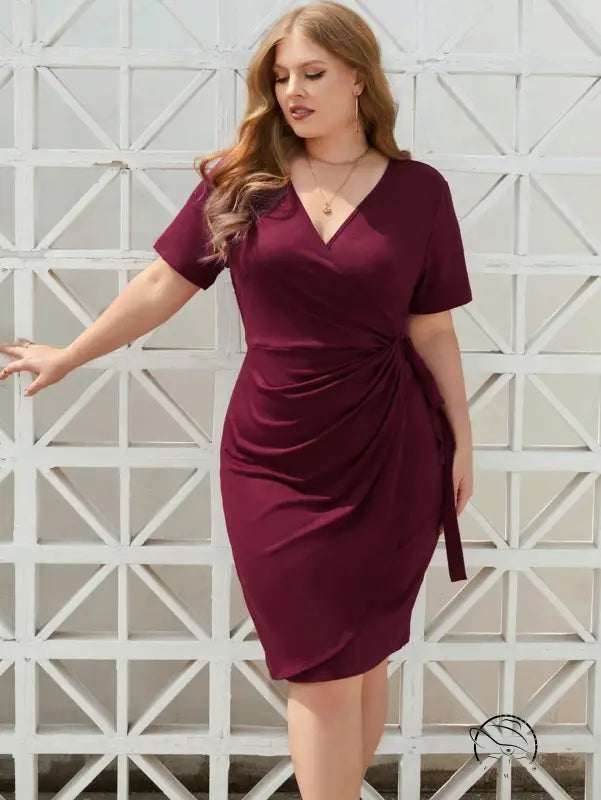 Gorgeous Langry v-neck pleated red dress in burgundy wrap style