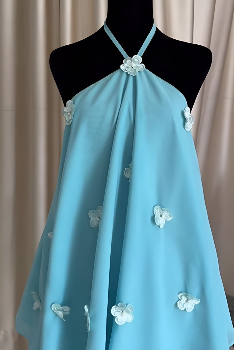 Light blue floral halter chiffon mini dress with white flowers and silver accents