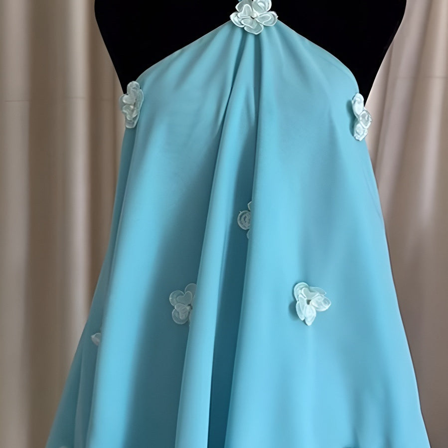 Light blue floral halter chiffon mini dress with white flowers and silver accents