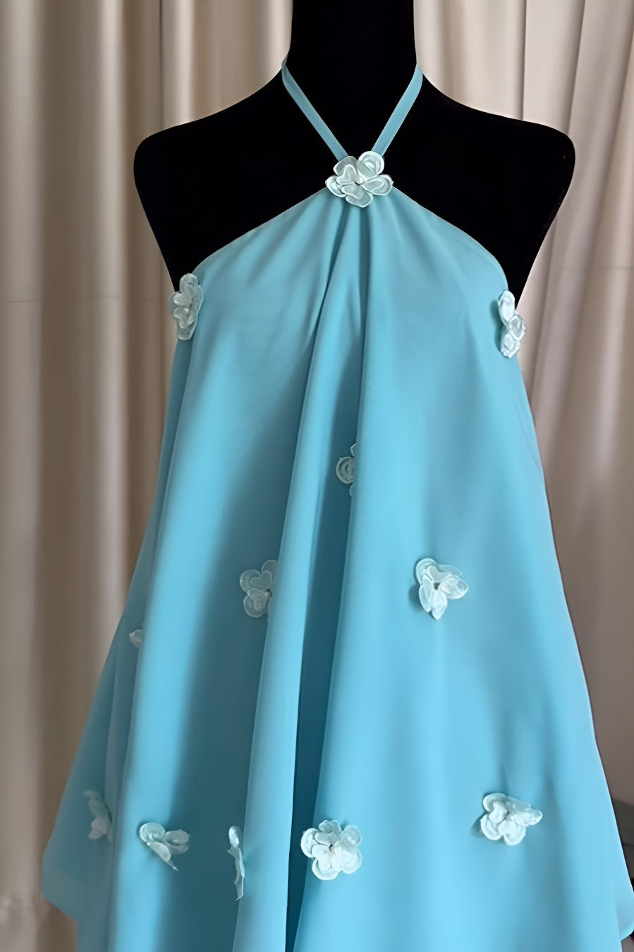 Light blue floral halter chiffon mini dress with white flowers and silver accents