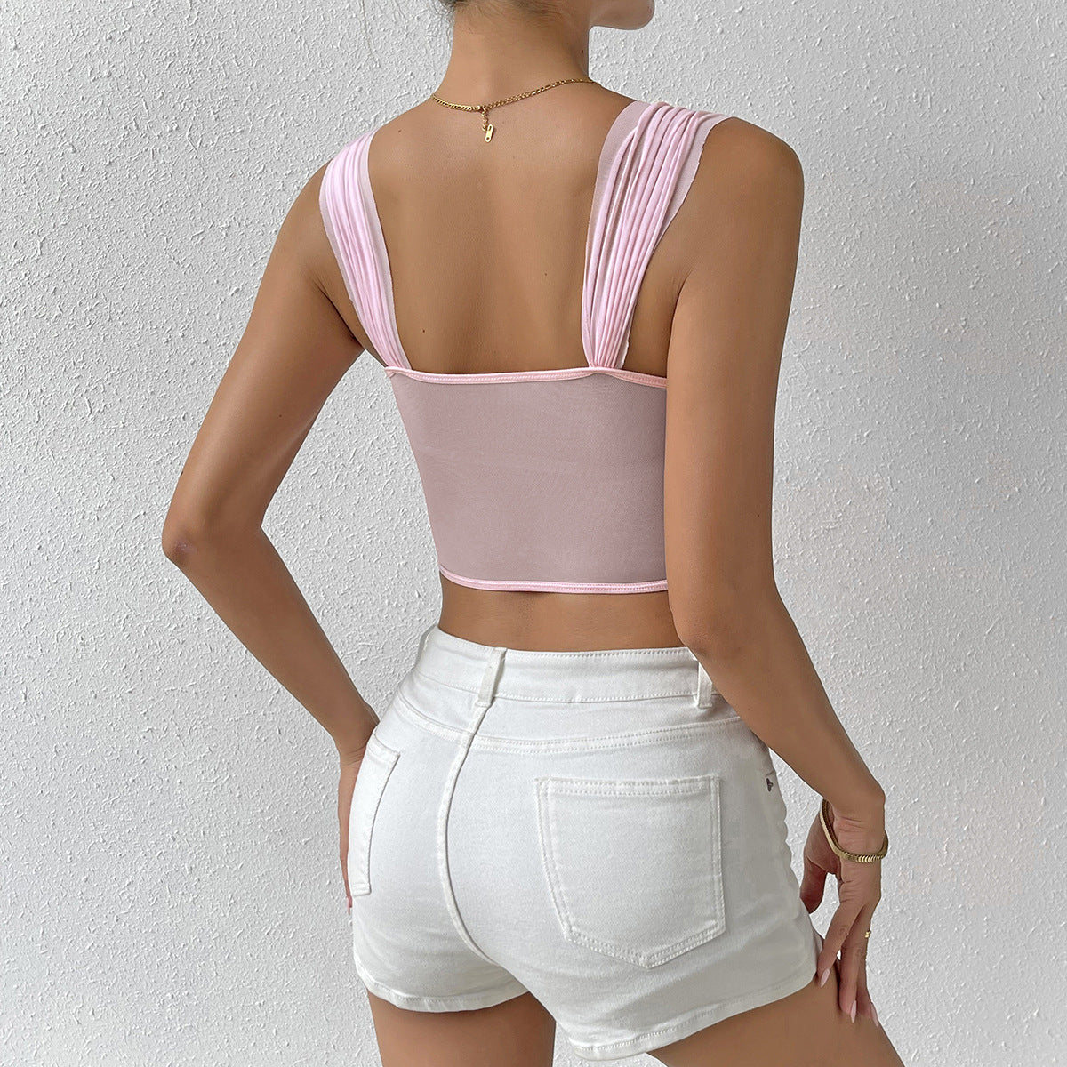 Pink mesh crop top from Summer Sweet Romantic Floral Tied Spaghetti Strap Bra fashion