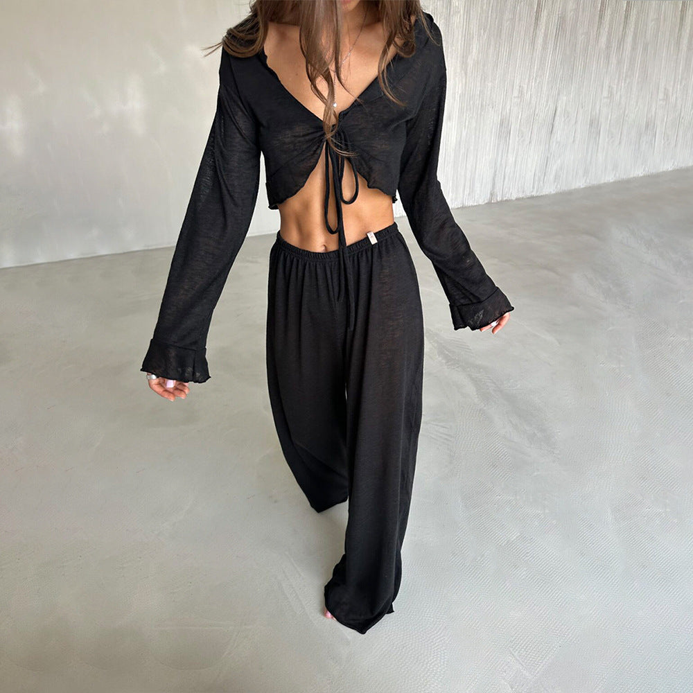 Black long-sleeved crop top with drawstring front and matching wide-leg casual loose pajamas