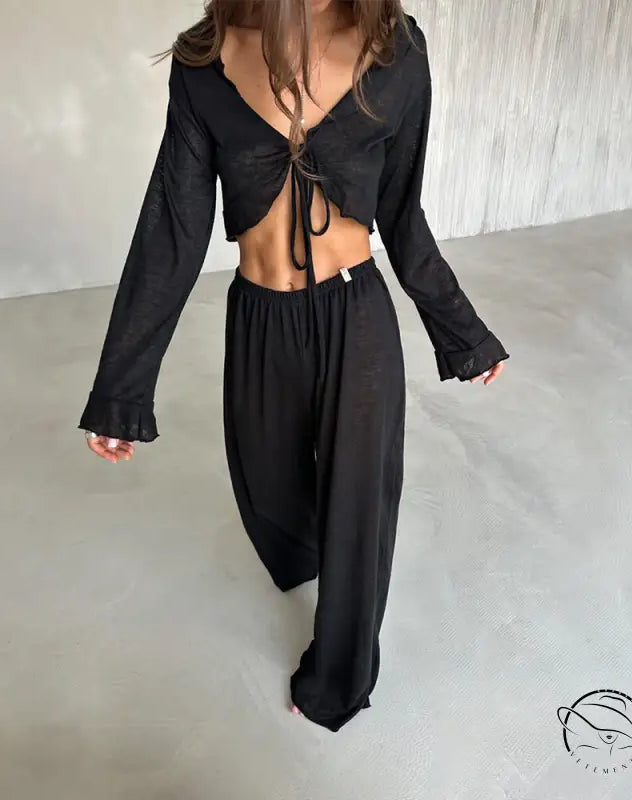 Black long-sleeved crop top with drawstring and wide-leg pants in casual loose pajamas