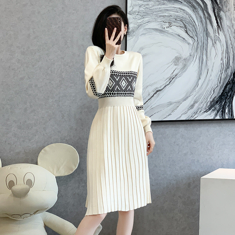 Cream-colored long-sleeved pleated classic knitted dress with patterned yoke for women