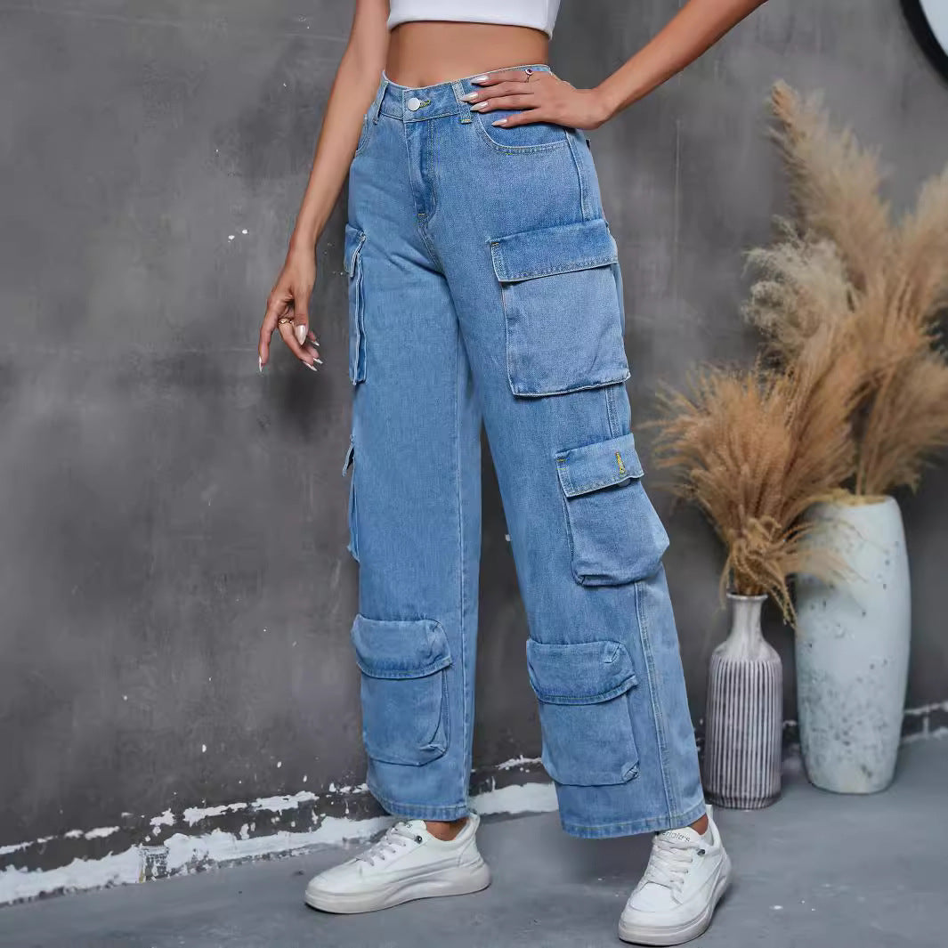 Light blue denim cargo pants from Fall Winter Overalls Women, combining fashion and practicality