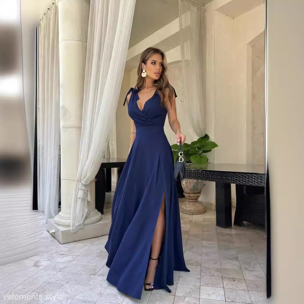 Elegant navy blue lengthened evening dress displayed in the ELEGANT LENGTHENED EVENING DRESS product image