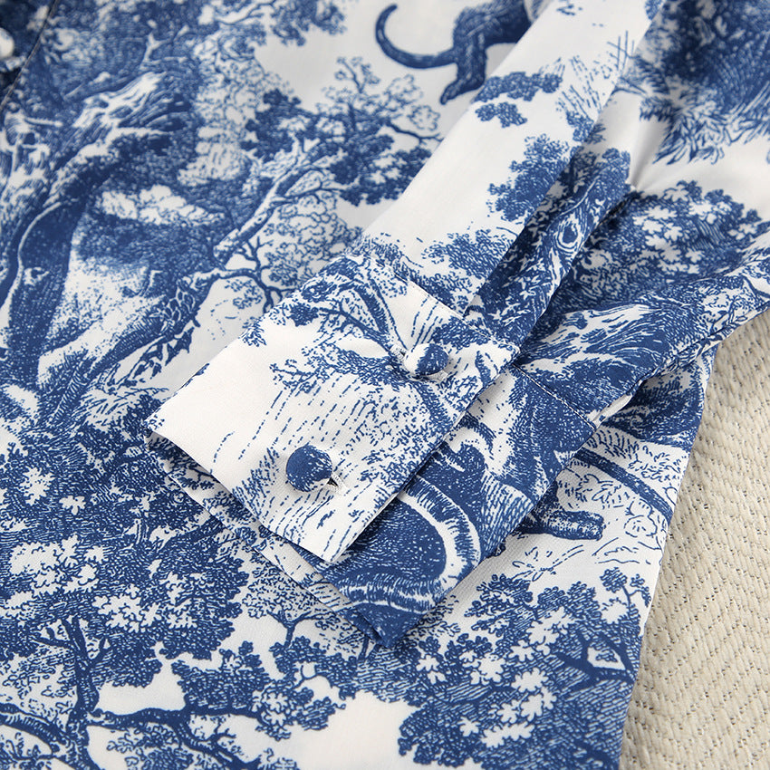 Blue and white toile print long-sleeved shirt ideal for home wear and fashion style