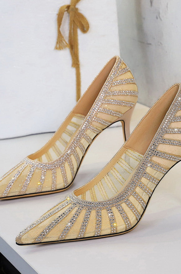 Langry beige rhinestone mesh high-heeled fashion pumps