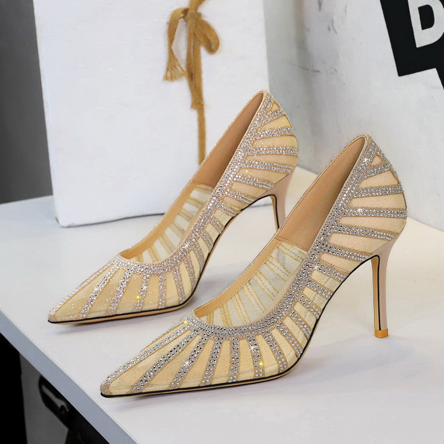 Langry beige rhinestone mesh high-heeled fashion pumps