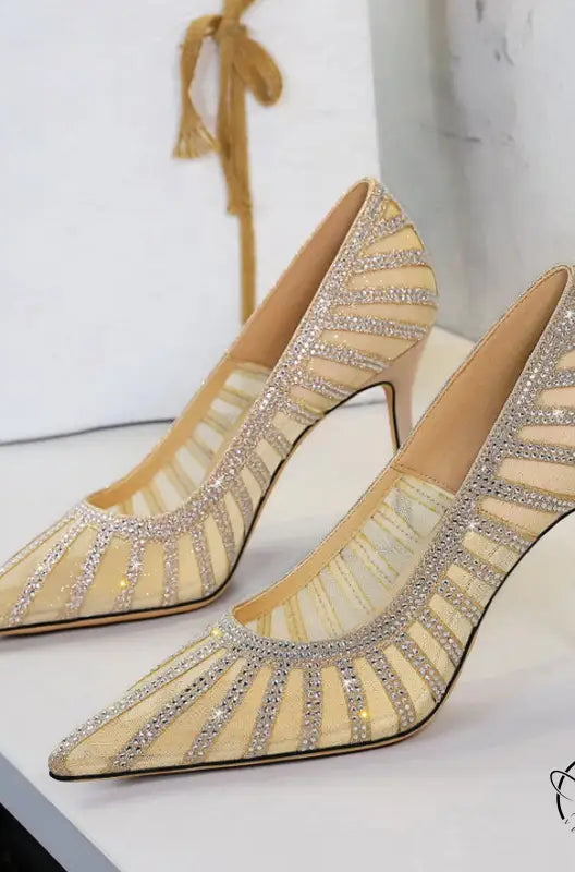 Langry beige rhinestone high-heeled pump with mesh upper for fashion