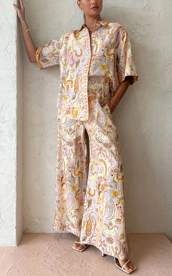 Printed two-piece pajama set from Summer Casual Pocket Half Sleeve Suit, trendy langry fashion ملابس
