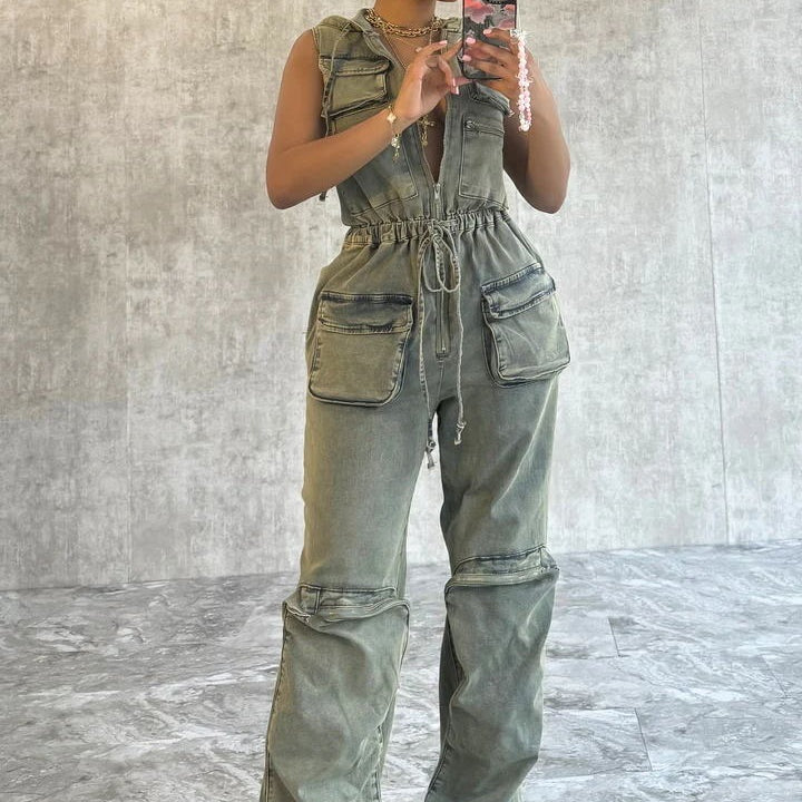 Olive green utility jumpsuit in Hooded One Piece Overalls casual fashion ملابس for women