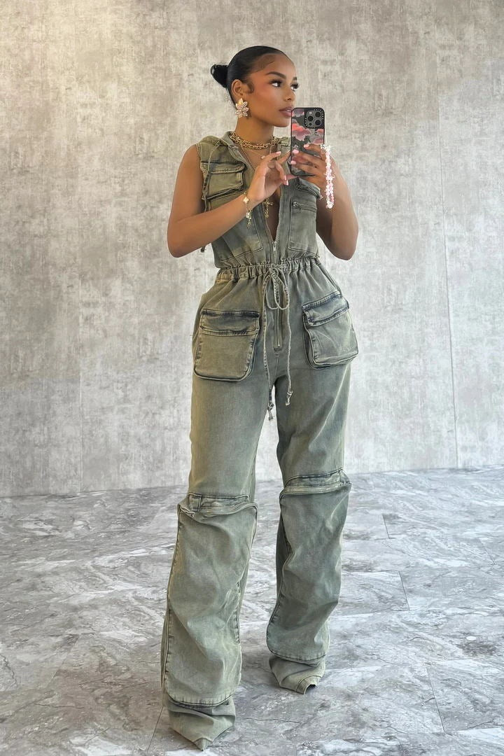 Olive green utility jumpsuit in Hooded One Piece Overalls casual fashion ملابس for women