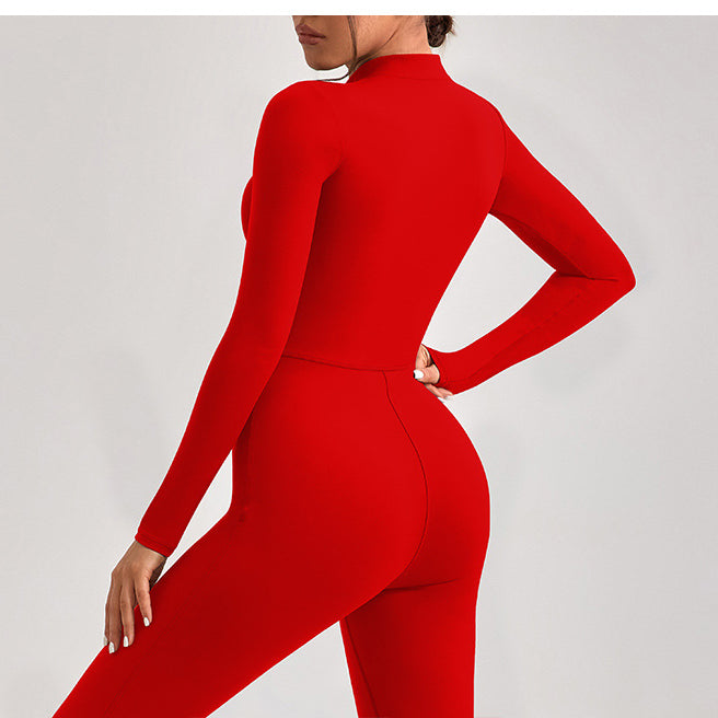 Red long-sleeved bodycon jumpsuit with mock turtleneck for fashionable ملابس langry style