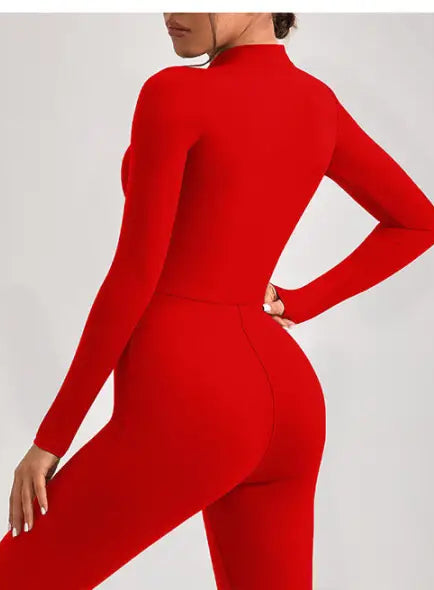 Red long-sleeved bodycon one piece sportswear with mock turtleneck