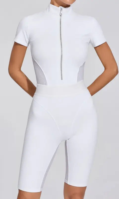 Tight Waist Open Collar Zipper Short Sleeve Yoga Jumpsuit Women Patchwork Fitness Sports