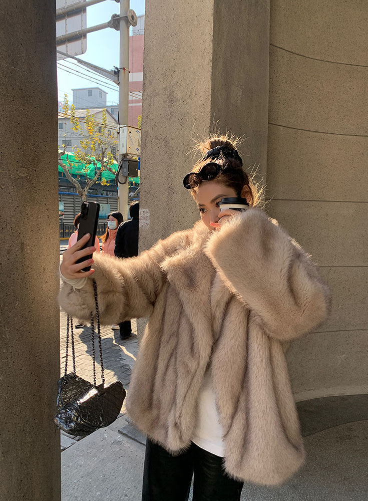 Oversized light beige faux fur hooded jacket by Langry fashion