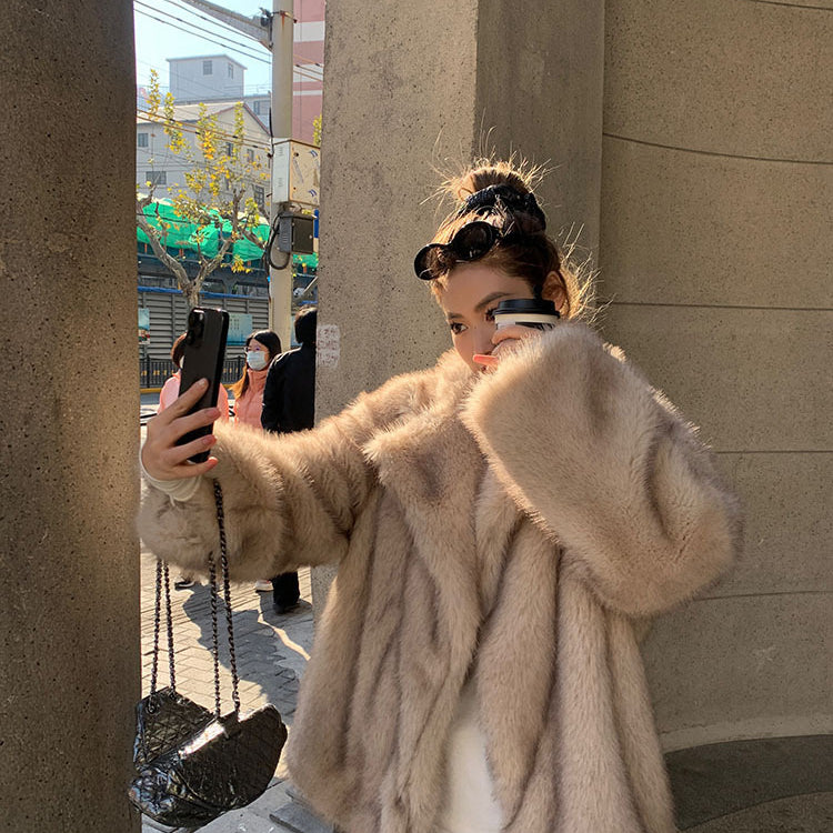 Oversized light beige faux fur hooded jacket by Langry fashion