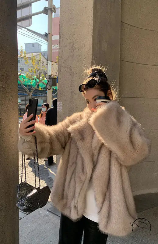 Oversized light beige faux fur jacket with hood, plush Langry fashion design