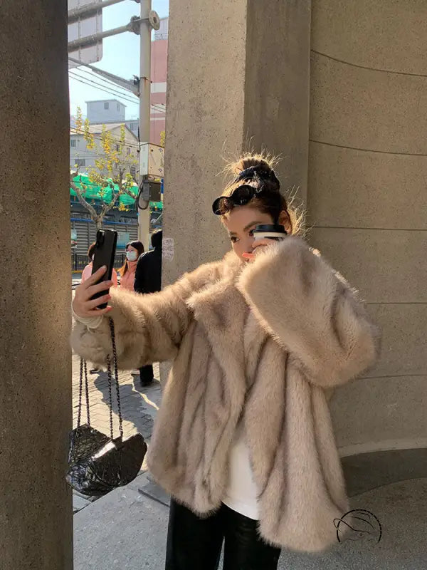 Oversized light beige faux fur jacket with hood, plush Langry fashion design