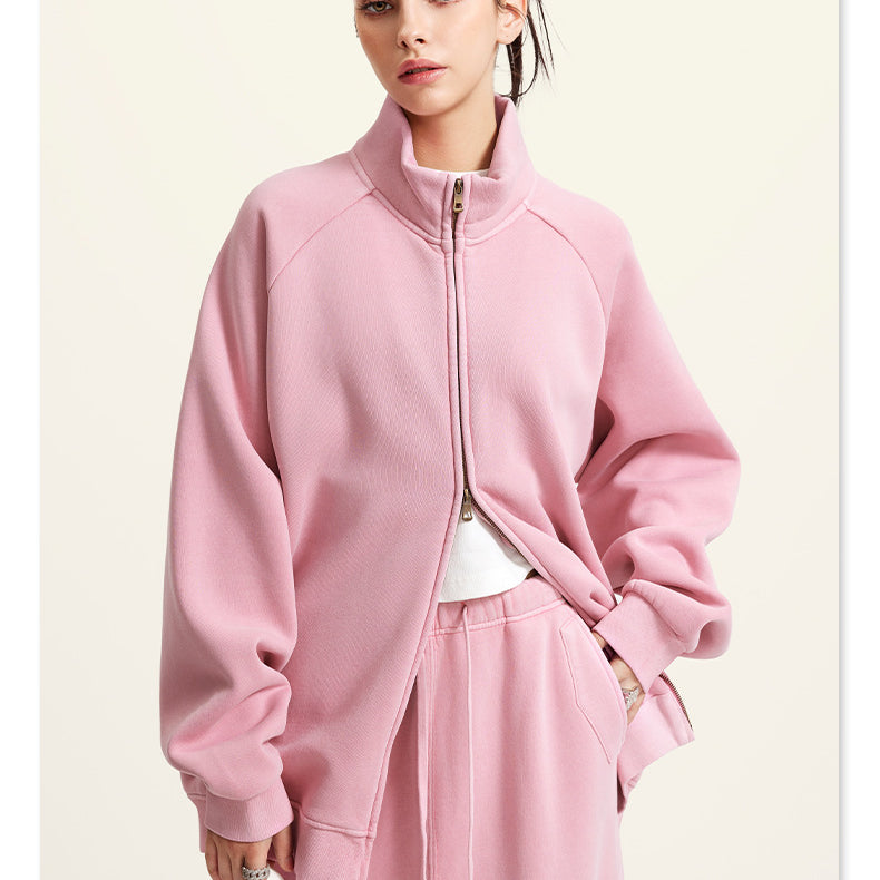 Pink zip-up sweatshirt with high collar and relaxed fit for Langry fashion ملابس