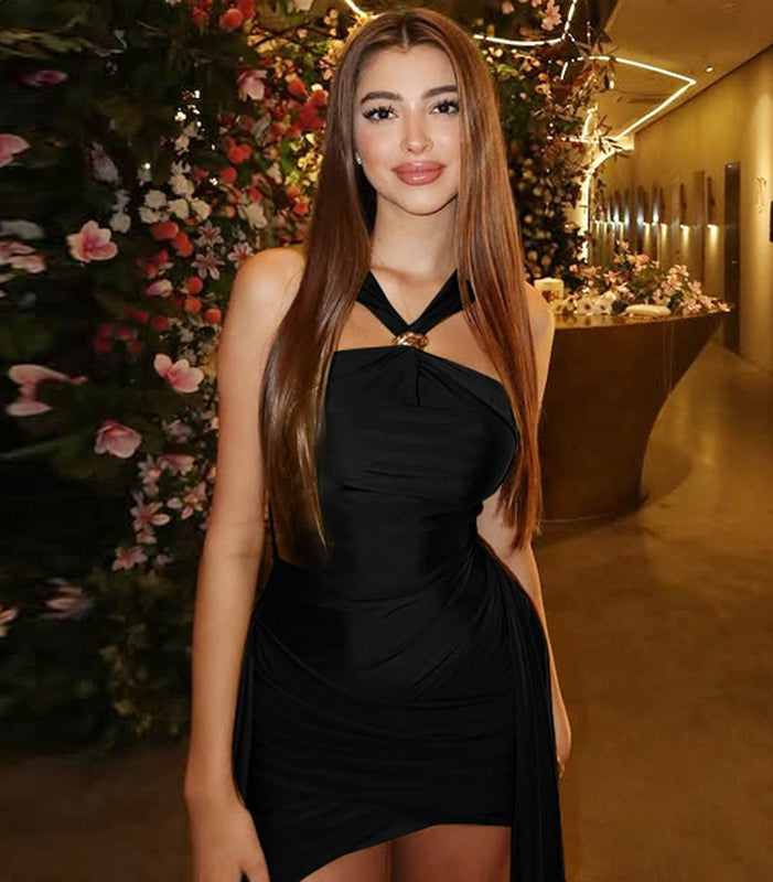 Black langry fashion satin halter dress with gold accents