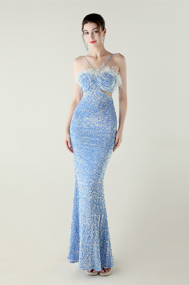 Langry blue sequined mermaid gown with ostrich feather embellishments