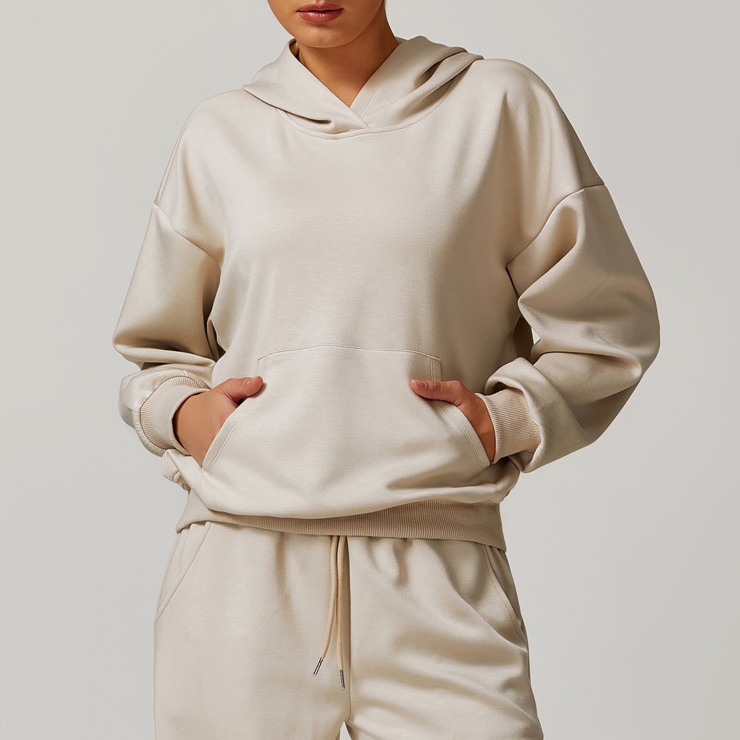 Beige hoodie and sweatpants set from Casual Fashionable Loose All Match Coat for stylish ملابس