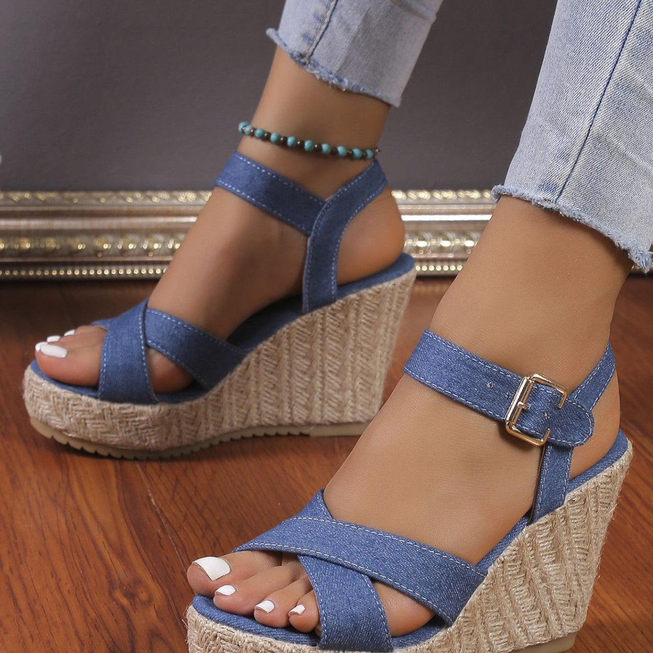 One Strap Wedge Sandals Women Platform Cloth High Heel Straw