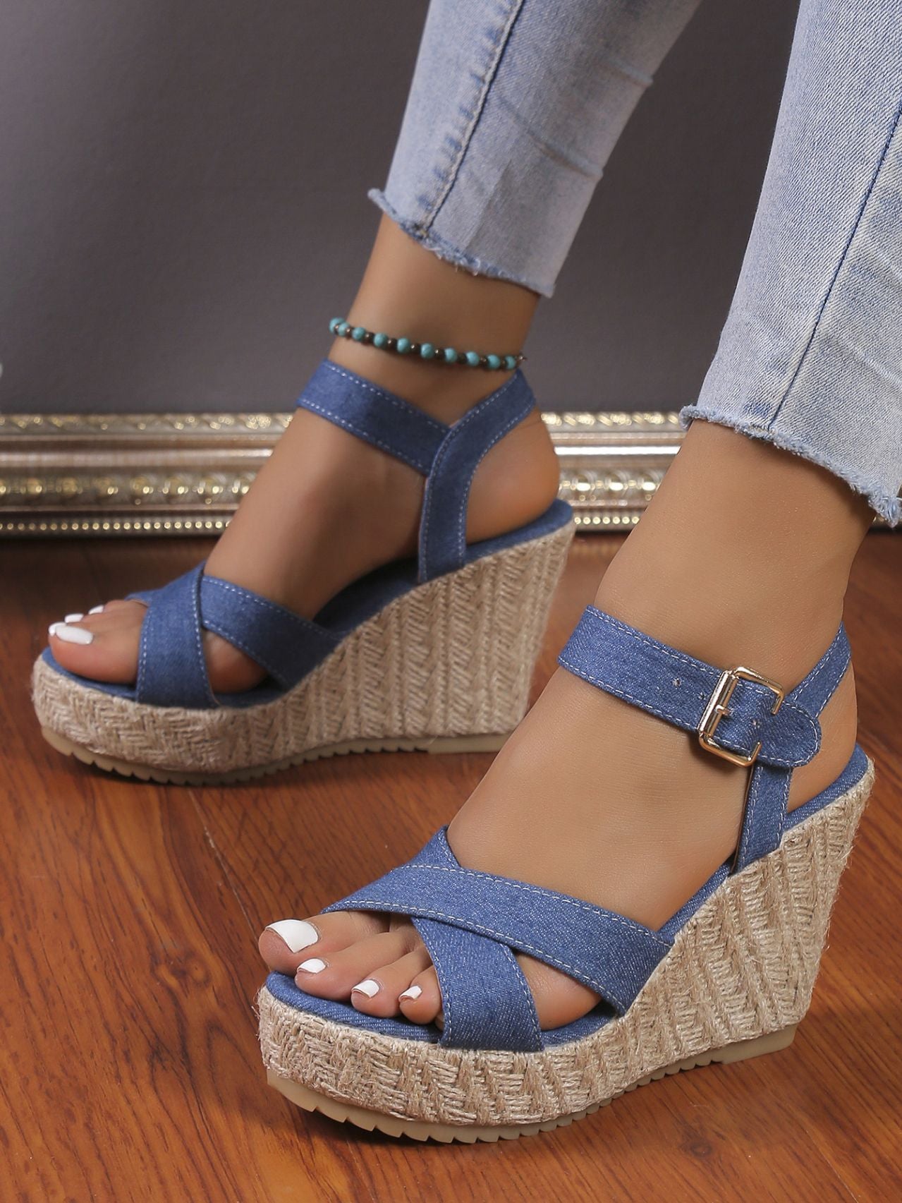 One Strap Wedge Sandals Women Platform Cloth High Heel Straw
