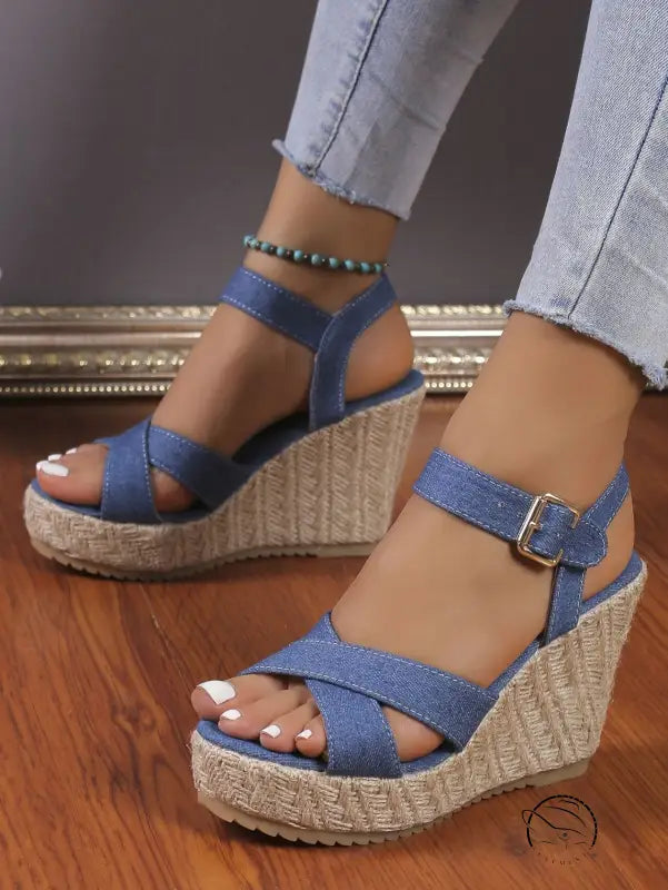One Strap Wedge Sandals Women Platform Cloth High Heel Straw