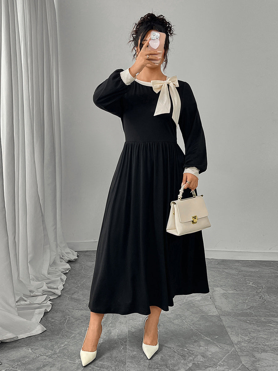 Winter Retro Slim Black Long-Sleeved Fashion Dress with Bow