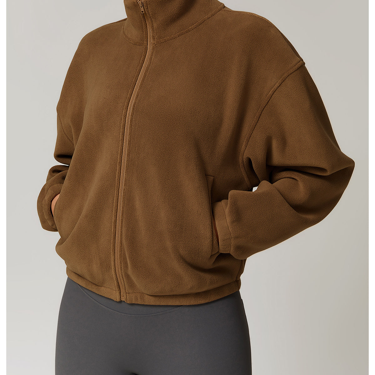 Brown zip-up Polar Fleece Thick Warm Jacket with a high collar, ideal for winter fashion